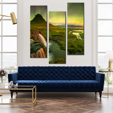 Load image into Gallery viewer, Iceland  Northern  Mountain  Waterfall  Triptych  photography  prints  Iceland  Colourful  Sky  Triptych  decor In Living Room
