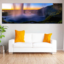 Load image into Gallery viewer, Iceland  WaterFall  Canvas  Wall  Art  Yellow  Sunset  Waterfall  Scenery  Canvas  Artwork  Blue  Sky  Seljalandsfoss  Waterfall  Living  Room  Panoramic  Canvas  Print For Living Room
