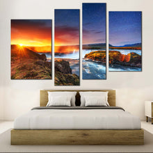 Load image into Gallery viewer, Iceland Waterfall Canvas Wall Art White Milky Way Hodafoss Waterfall 4 Piece  Canvas Print Yellow Sunshine Starry Sky Canvas Set
