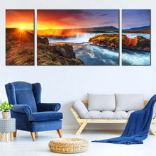 Load image into Gallery viewer, Iceland  Waterfall    Canvas  Wall  Art  White  Milky  Way  Hodafoss  Waterfall  3  Piece  Canvas  Print  Yellow  Sunshine  Starry  Sky  Triptych  Canvas  Set In Living Room
