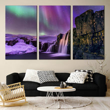 Load image into Gallery viewer, Iceland Waterfall Multi Panel Wall Art Kirkjufellsfoss Beautiful Northern Lights At Night Multi Panel Canvas Print In Living Room
