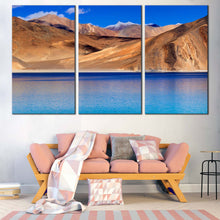 Load image into Gallery viewer, India Mountains Canvas Wall Art Ladakh Blue Pangong Tso Lake Canvas Set Leh Ladakh Jammu Landscape  3 Piece Canvas Print Brown Ocean Mountains Multiple Canvas For Living Room
