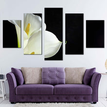 Load image into Gallery viewer, Isolated Flower Canvas Print Calla Lilies 5 Piece Canvas Wall Art White Lily Black Background Multiple Canvas In Living room
