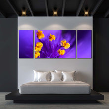 Load image into Gallery viewer, Isolated Flower Canvas Print Yellow Pistil 3 Piece Canvas Wall Art Purple Floral Digital Painting Multiple Canvas In Bedroom
