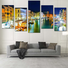 Load image into Gallery viewer, Italy Harbor Canvas Wall Art Venice at Blue Night Sky  5 Piece Canvas Multiple Canvas Yellow Grand Canal City View Canvas In Living Room
