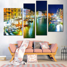 Load image into Gallery viewer, Italy Harbor Canvas Wall Art Venice at Blue Night Sky   4 Piece Canvas Multiple Canvas Yellow Grand Canal City 
