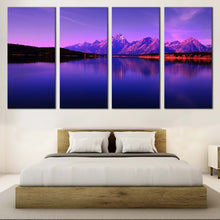 Load image into Gallery viewer, Jackson Lake Canvas Wall Art Wyoming Teton National Park Canvas Artwork Blue Purple Ocean Mountains  4 Piece Canvas Print In Bedroom
