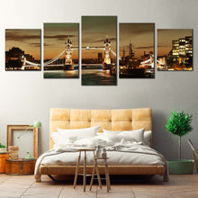 Load image into Gallery viewer, James River Canvas Wall Art Cloudy Brown London City Bridge Bedoom 5 Piece Canvas Print Yellow Tower Bridge Multi Panel Canvas For Bedroom
