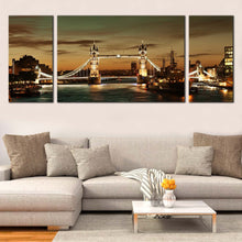 Load image into Gallery viewer, James River Canvas Wall Art Cloudy Brown London City Bridge Living Room 3 Piece Canvas Print Yellow Tower Bridge Multi Panel Canvas In Living Room
