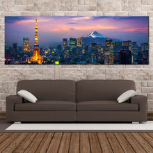 Load image into Gallery viewer, Japan Mountain Canvas Wall Art Cloudy Blue Purple Sky City Canvas Artwork Aerial View of Tokyo Cityscape 4 Piece Canvas Print In Living Room
