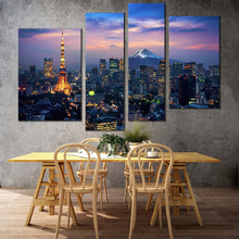 Load image into Gallery viewer, Japan Mountain Canvas Wall Art Cloudy Blue Purple Sky City Multi Canvas Artwork Aerial View of Tokyo Cityscape 4 Piece Canvas Print
