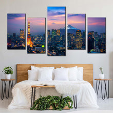 Load image into Gallery viewer, Japan Mountain Canvas WallArt Cloudy Blue Purple Sky City Multi Canvas Artwork Aerial View of Tokyo Cityscape 5 Piece Canvas Print For Bedroom
