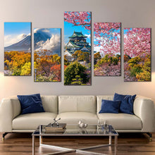 Load image into Gallery viewer, Japan Mountain Canvas Wall Art Fuji Mountain 5 Piece Canvas Set Colorful Osaka Castle Scenery Canvas Print In Living Room
