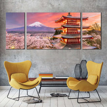 Load image into Gallery viewer, Japan Mountain Canvas Wall Art Fujiyoshida White Mount Fuji 3 Piece Canvas Print Chureito Pagoda Blossom Trees Multi Canvas Artwork In Living Room
