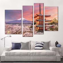 Load image into Gallery viewer, Japan Mountain Canvas Wall Art Fujiyoshida White Mount Fuji 4 Piece Canvas Print Chureito Pagoda Blossom Trees Multi Canvas Artwork
