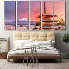 Load image into Gallery viewer, Japan Mountain Canvas Wall Art Fujiyoshida White Mount Fuji 5 Piece Canvas Print Chureito Pagoda Blossom Trees Multi Canvas Artwork For Bedroom
