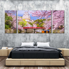 Load image into Gallery viewer, Japan Nature Canvas Print Himeji Castle 3 Piece Canvas Wall Art Colorful Cherry Blossom Trees Scenery Multi Canvas Artwork In Bedroom
