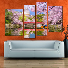 Load image into Gallery viewer, Japan Nature Canvas Print Himeji Castle 4 Piece Canvas Wall Art Colorful Cherry Blossom Trees Scenery Multi Canvas Artwork
