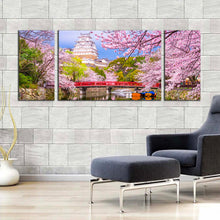 Load image into Gallery viewer, Japan Scenery Canvas Wall Art Beautiful Himeji Castle 3 Piece Canvas Set Cherry Blossom Trees Canvas Print For Living Room
