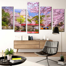 Load image into Gallery viewer, Japan Scenery Canvas WallArt Beautiful Himeji Castle 5 Piece Canvas Set Cherry Blossom Trees Canvas Print In Living Room
