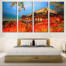 Load image into Gallery viewer, Japan Temple Canvas Wall Art Beautiful Red Kiyomizu Dera  4 Piece Canvas Print Kyoto Blue Sky Maple Tree Multi Canvas For Bedroom
