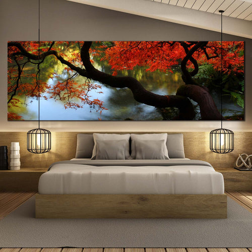 Japanese  Garden  Canvas  Wall  Art  Green  Trees  River  Reflection  Canvas  Print  Red  Maple  Kubota  Garden  1  Piece  Canvas For Bedroom