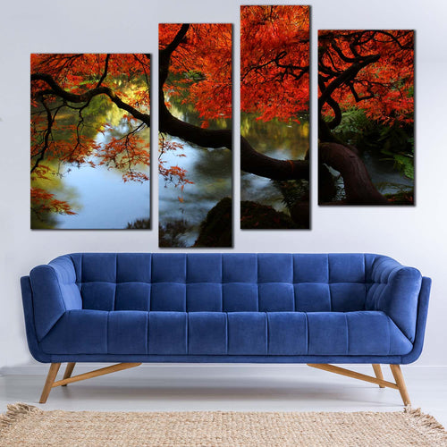 Japanese Garden Canvas Wall Art Green Trees River Reflection Canvas Print Red Maple Kubota Garden 4 Piece Multiple Canvas 