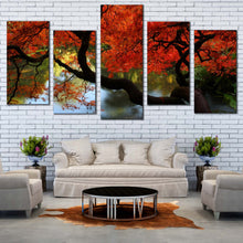 Load image into Gallery viewer, Japanese Garden Canvas Wall Art Green Trees River Reflection Canvas Print Red Maple Kubota Garden 5 Piece Multiple Canvas For Living Room
