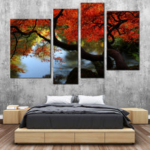 Load image into Gallery viewer, Japanese Maple Canvas Wall Art Red Maple Garden 4 Piece Canvas Green Trees River Reflection Canvas Set Beautiful Kubota Garden Canvas Print
