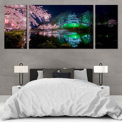 Joetus  City  Canvas  Print  Green  Takada  Park  River  Reflection    3  Piece  CanvasWall  Art  Takada  Castle  Pink  Sakura  Trees  Triptych  Multi  Canvas  Artwork For Bedroom
