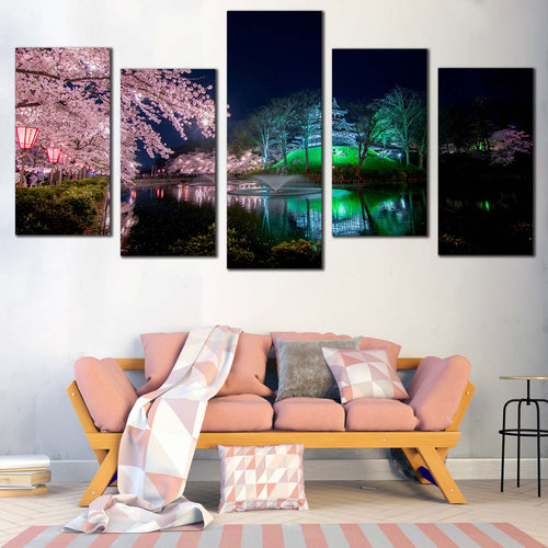 Joetus City Canvas Print Green Takada Park River Reflection  5 Piece Canvas Wall Art Takada Castle Pink Sakura Trees Multi Canvas Artwork For Living Room