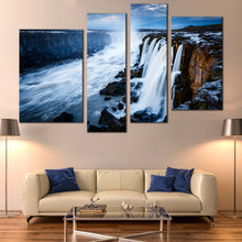 Load image into Gallery viewer, Jokulsa Fjollum Canvas Wall Art Selfoss Waterfall Blue Sky Multi Canvas Vatnajokull National Park Canvas Print White Selfoss Cascade  4 Piece Canvas
