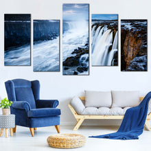 Load image into Gallery viewer, Jokulsa Fjollum Canvas Wall Art Selfoss Waterfall Blue Sky Multi Canvas Vatnajokull National Park Canvas Print White Selfoss Cascade  5 Piece Canvas For Living Room
