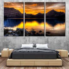 Load image into Gallery viewer, Kananaskis Lake Canvas Wall Art Alberta Canada Orange Landscape Sunset Canvas Print Blue Ocean Mountains Reflection 3 Piece Multi Canvas For Bedroom
