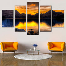 Load image into Gallery viewer, Kananaskis  Lake  Canvas  Wall  Art  Alberta  Canada  Orange  Landscape  Sunset  Canvas  Print  Blue  Ocean  Mountains  Reflection  5  Piece  Multi  Canvas In Living Room
