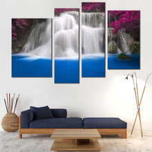 Load image into Gallery viewer, Kanchanaburi Waterfall Canvas Wall Art Thailand Purple Trees Waterfall  4 Piece Canvas Set Huay Mae Khamin Blue Water Canvas Print
