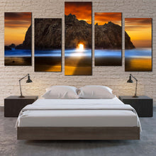 Load image into Gallery viewer, Keyhole Rock Canvas Print Yellow Sunlight Shining Through Rock  5 Piece Canvas Orange Ocean Rocks Sunset Canvas Burns State Park Canvas Wall Art For Your Bedroom
