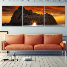 Load image into Gallery viewer, Keyhole  Rock  Canvas  Print  Yellow  Sunlight  Shining  Through  Rock  Living  Room  3  Piece  Canvas  Orange  Ocean  Rocks  Sunset  Canvas  Burns  State  Park  Canvas  Wall  Art For Living Room
