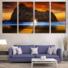 Load image into Gallery viewer, Keyhole Rock Canvas Print Yellow Sunlight Shining Through Rock  4 Piece Canvas Orange Ocean Rocks Sunset Canvas Burns State Park Canvas Wall Art For Living Room
