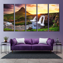 Load image into Gallery viewer, Kirkjufell Mountain Waterfall 5 Piece decor Iceland Northern Mountain Waterfall Multi Panel art print In Living room
