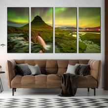 Load image into Gallery viewer, Kirkjufell Mountain Waterfall Multi Panel Wall Art Iceland Mountain Waterfall 4 Piece photography prints For Living Room
