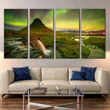 Load image into Gallery viewer, Kirkjufell Mountain Waterfall Multi Panel Wall Art Iceland Mountain Waterfall 4 Piece pictures In Living room
