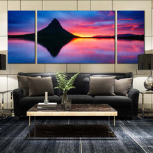 Load image into Gallery viewer, Kirkjufell volcano pink clouds at the coast Snaefellsnes peninsula triptych wall art home decor In Living Room
