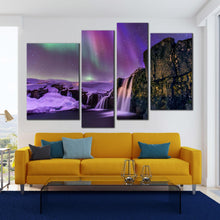 Load image into Gallery viewer, Kirkjufellsfoss Waterfall 4 Piece Wall Art Iceland Waterfalls Purple Snow 4 Panel Colorful decor
