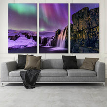 Load image into Gallery viewer, Kirkjufellsfoss Waterfall Triptych Wall Art Iceland Amazing Northern Lights At Night Multi Panel Canvas Print In Living Room
