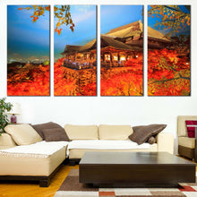 Load image into Gallery viewer, Kiyomizu Dera Canvas Wall Art Blue Sky Kyoto Japan Temple  4 Piece Multi Canvas Red Maple Tree Canvas Print For Living room
