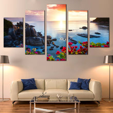 Load image into Gallery viewer, Koh  Samui  Canvas  Wall  Art  Thailand  Blue  Tranquil  Beach  Split  Canvas  Yellow  Cloudy  Sunset  Sky  Canvas  Print  Red  Flowers  Ocean  Mountains  Rocks  5  Piece  Canvas For Living Room
