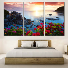 Load image into Gallery viewer, Koh Samui Canvas Wall Art Thailand Blue Tranquil Beach Split Canvas Yellow Cloudy Sunset Sky Canvas Print Red Flowers Ocean Mountains Rocks  3 Piece Canvas For Bedroom
