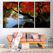 Load image into Gallery viewer, Kubota Garden Canvas Wall Art Japanese Red Maple Garden 3 Piece Multi Canvas Artwork Beautiful Green Trees River Reflection Canvas Print In Living Room

