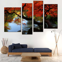 Load image into Gallery viewer, Kubota Garden Canvas Wall Art Japanese Red Maple Garden 4 Piece Multi Canvas Artwork Beautiful Green Trees River Reflection Canvas Print 
